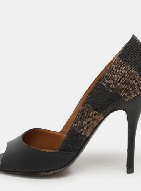 Fendi Black/Brown Leather and Striped Canvas Pequin Peep Toe Pumps Size 36