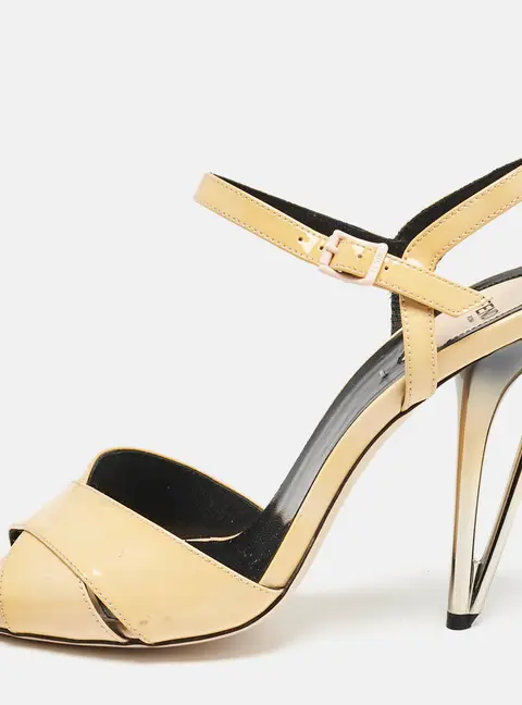 Fendi Beige Patent Leather Open Toe Ankle Strap Sandals Size 40