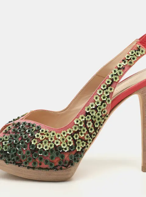 Fendi Pink/Green Mesh Embellished Peep Toe Slingback Pumps Size 36