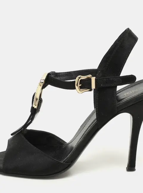 Fendi Black Satin Crystal Embellished Buckle T-Strap Sandals Size 37.5