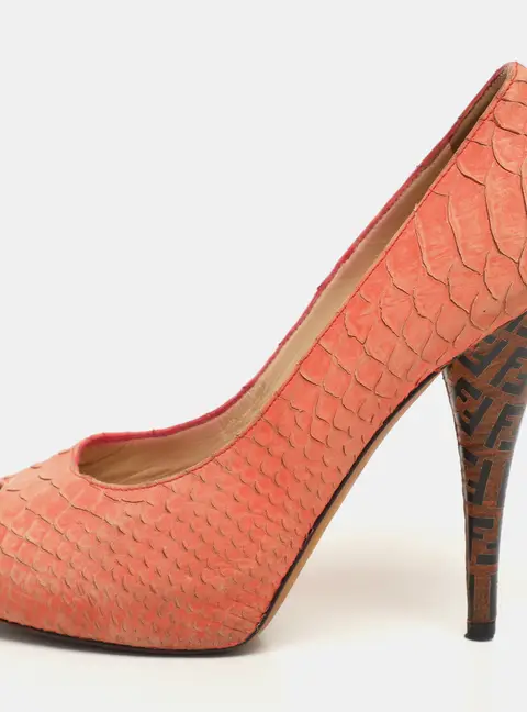 Fendi Orange Python Embossed Leather Peep Toe Platform Pumps Size 36