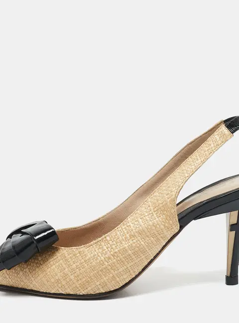 Fendi Beige/Black Woven Raffia and Patent Leather Bow Slingback Pumps Size 36.5