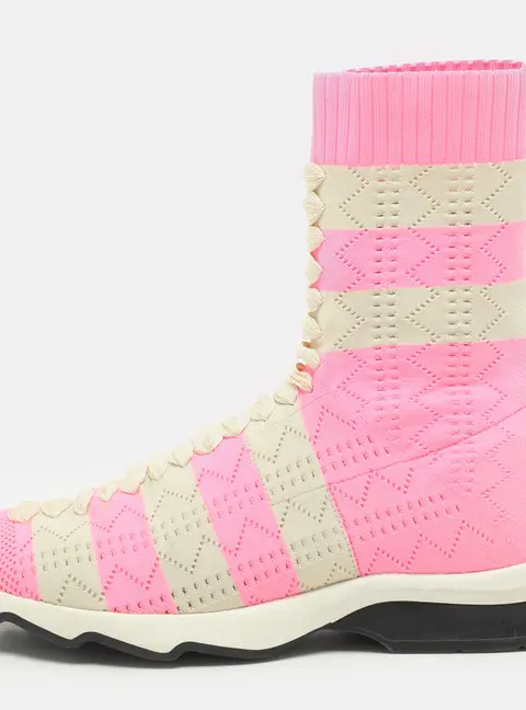 Fendi Pink and Beige Stripes Knit Fabric Sneaker Boots Size 38