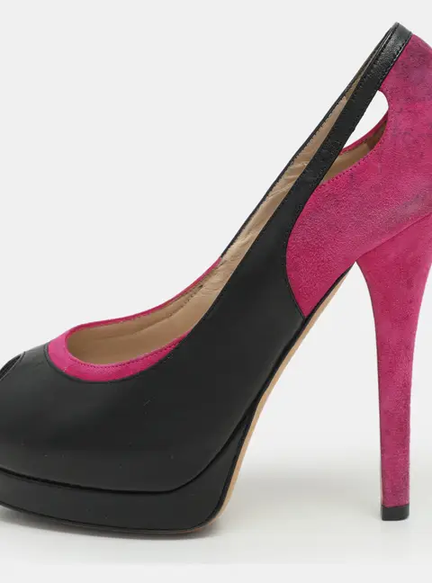 Fendi Pink/Black Suede and Leather Cutout Peep Toe Platform Pumps Size 38