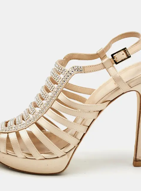 Fendi Beige Satin Crystal Embellished Gladiator Platform Sandals Size 39