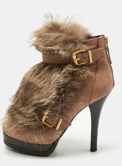 Fendi Brown Nubuck Leather and Raccoon Fur Platform Ankle Boots Size 40