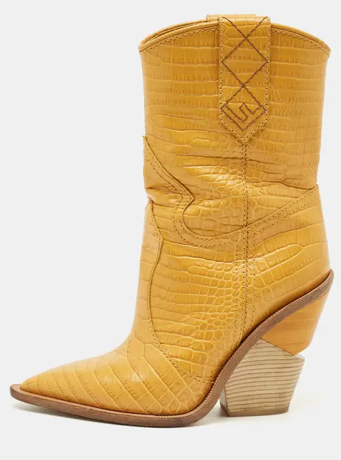 Fendi Yellow Croc Embossed Leather Cowboy Mid Calf Boots Size 35