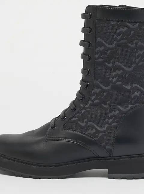 Fendi Black Karligraphy Jacquard and Leather Combat Boots Size 37