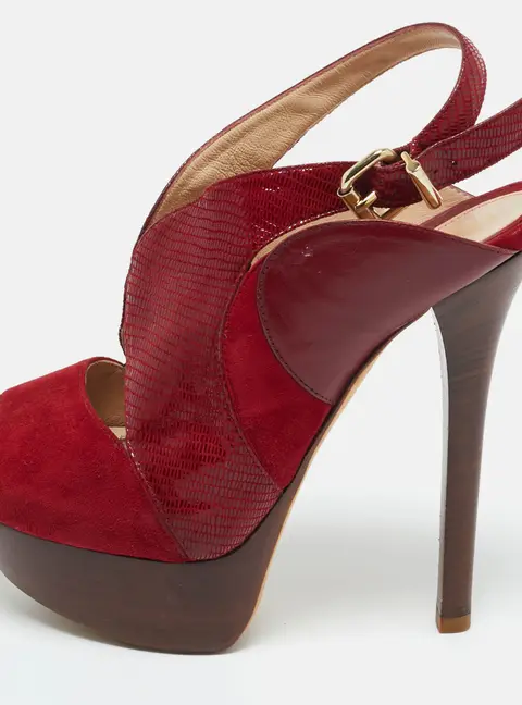Fendi Red Leather and Lizard Embossed Leather Slingback Platform Sandals Size 37