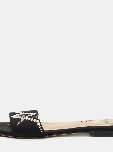 Fendi Black Satin Crystal Embellished Flat Slide Sandals Size 36