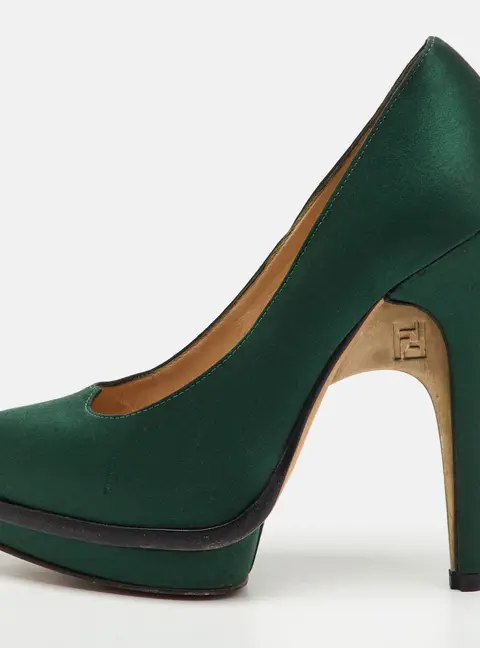 Fendi Dark Green Satin Bridge Heel Platform Pumps Size 35