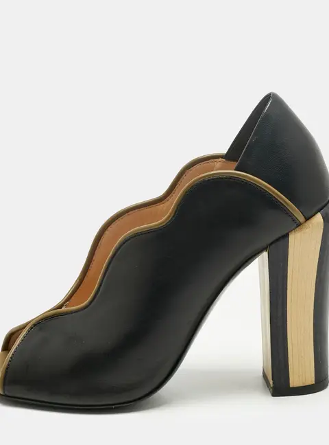 Fendi Black Leather Scallop Lined Peep Toe Pumps Size 37
