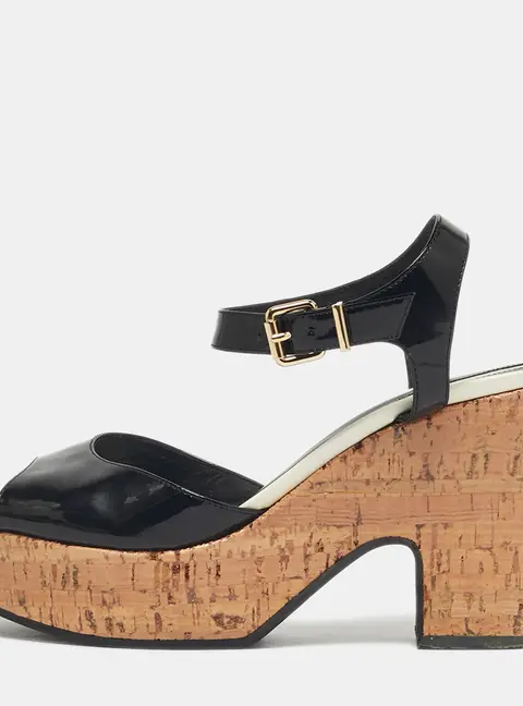 Fendi Black Patent Leather Cork Wedge Sandals Size 38.5