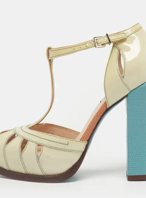 Fendi Beige/Blue Patent Leather Cut Out T-Strap Platform Sandals Size 37