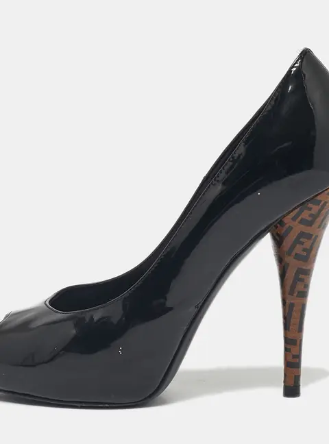 Fendi Black Patent Leather FF Heels Peep Toe Platform Pumps Size 36.5
