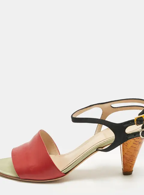 Fendi Multicolor Fabric and Leather Cork Ankle Strap Sandals Size 36