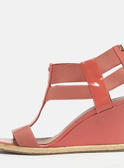 Fendi Coral Patent Leather And Elastic Fabric T-Strap Espadrille Wedge Sandals Size 37.5