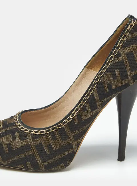 Fendi Brown Zucca Canvas Chain Embellished Peep Toe Pumps Size 37