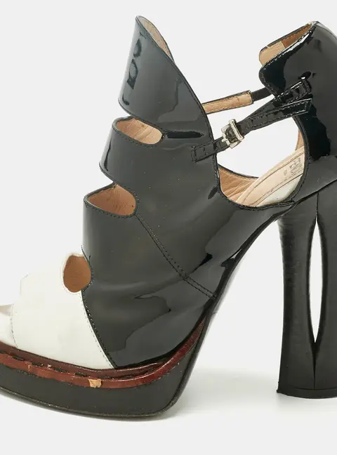 Fendi Black/White Leather and Patent Open-Toe Platform Sandals Size 36