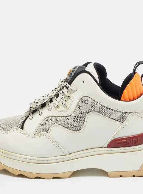 Fendi Size 35.5 White Leather and FF Mesh Low Top Sneakers