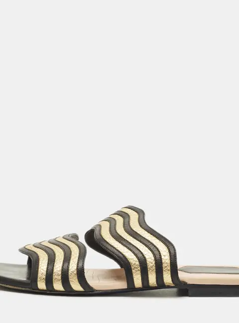 Fendi Striped Wave Size 38 Black/Gold Leather Flat Slide