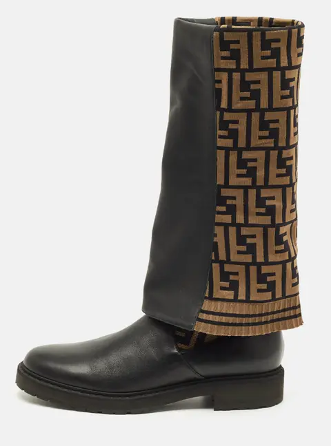 Fendi Sock Size 40 Black/Brown Zucca Fabric and Leather Over The Knee Boots