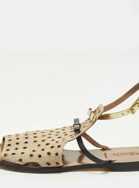 Fendi Size 40 Tricolor Perforated Jute and Patent Leather Double Bow Flat Sandals