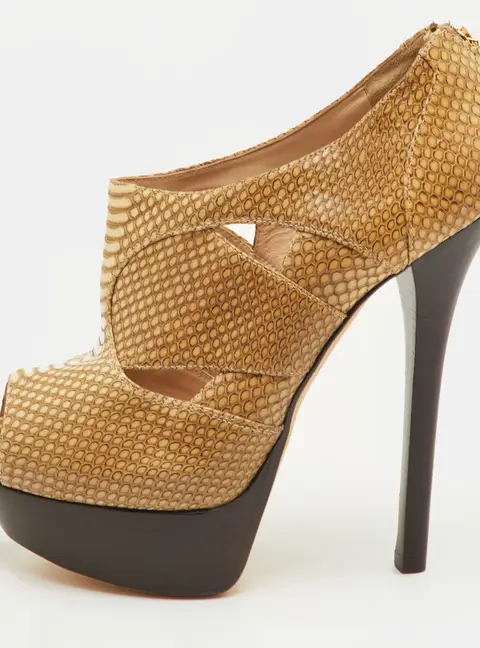 Fendi Cut Out Size 40 Beige Python Embossed Leather Open Toe Platform Sandals