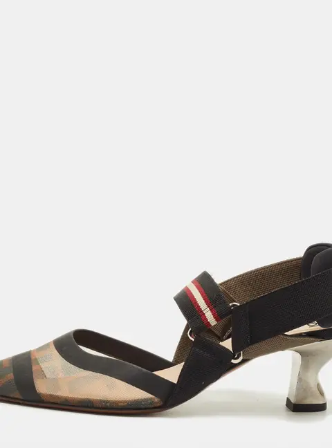 Fendi Colibri Size 36 Brown/Black Zucca Canvas and Mesh Slingback Pumps