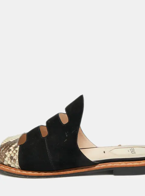 Fendi Size 38.5 Black/Brown Suede and Python Cut Out Flat Slides