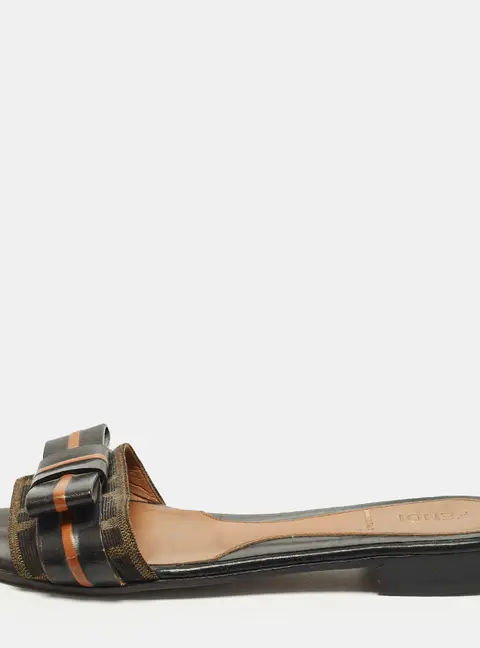 Fendi Baguette Size 35 Black/Brown Canvas and Leather Flat Slides