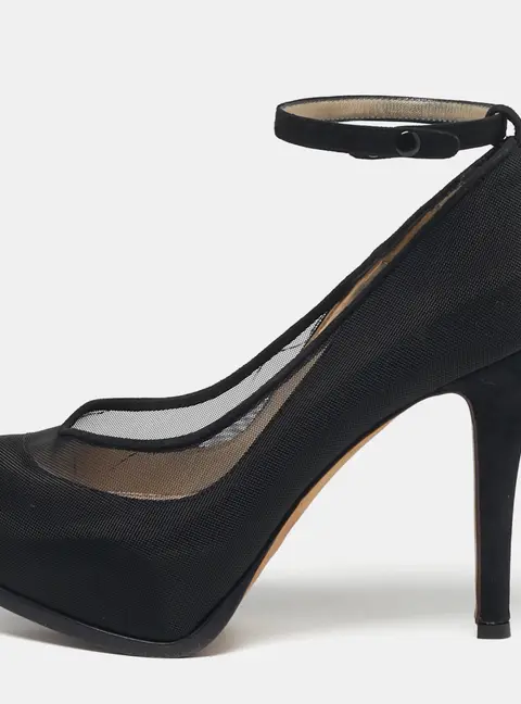 Fendi Size 38 Black Mesh and Suede Platform Ankle Strap Pumps