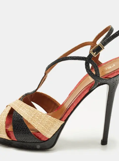 Fendi Size 38 Tri Color Raffia and Python Platform Slingback Sandals