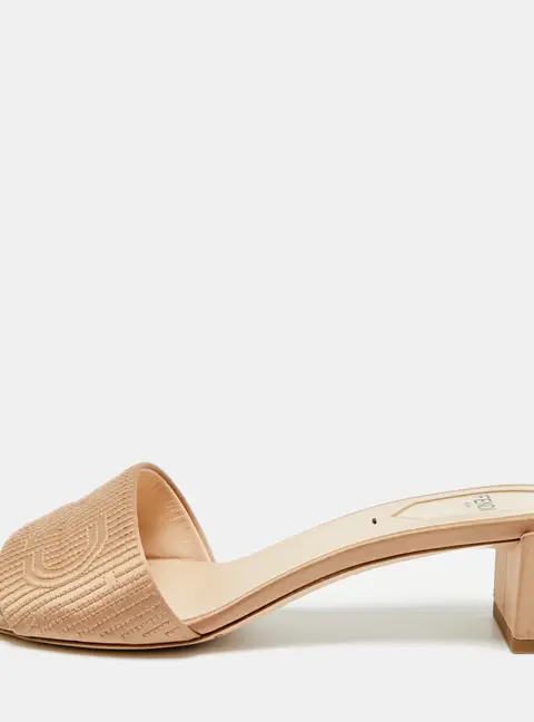 Fendi Size 37.5 Beige Satin Slide Logo Embroidered Block Heel Sandals