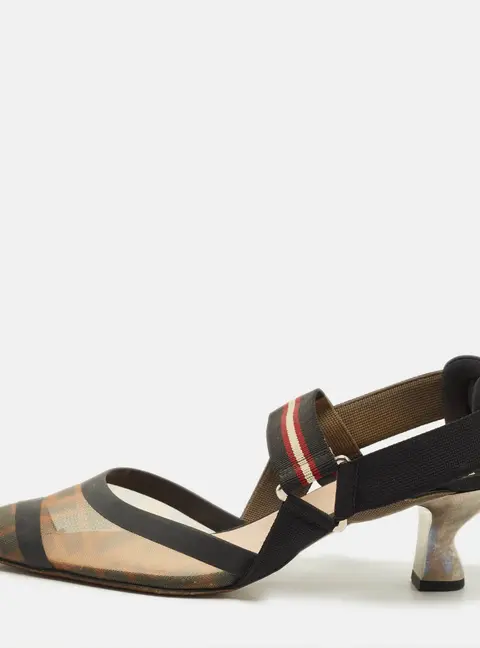 Fendi Colibri Size 40 Black/Brown Canvas and FF Mesh Slingback Pumps