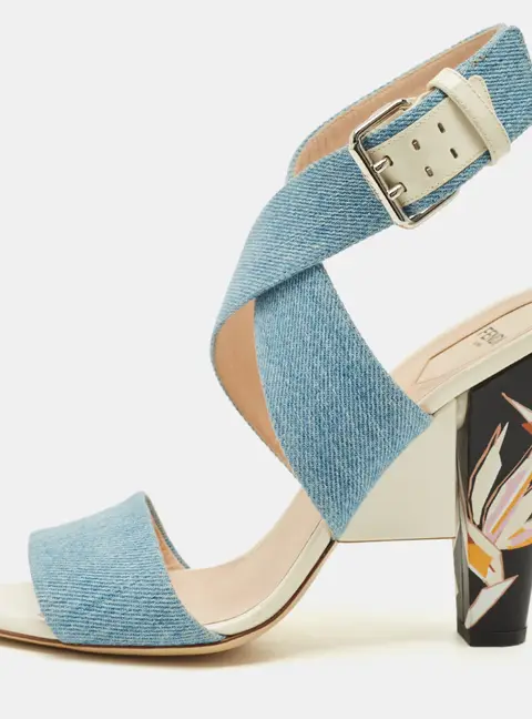 Fendi Size 41 Blue Denim Flora Detail Heel Ankle Wrap Sandals