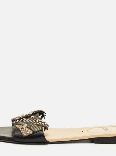 Fendi Size 38 Black Leather and Python Embossed Studded Flat Sandals