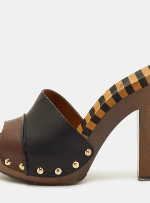 Fendi Size 37.5 Black/Dark Brown Leather Striped Platform Clogs