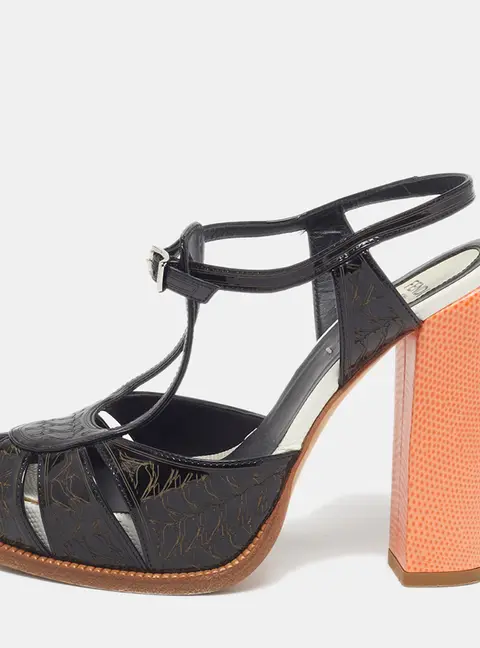 Fendi Chameleon Size 36 Black/Orange Patent Leather Ankle Strap Sandals
