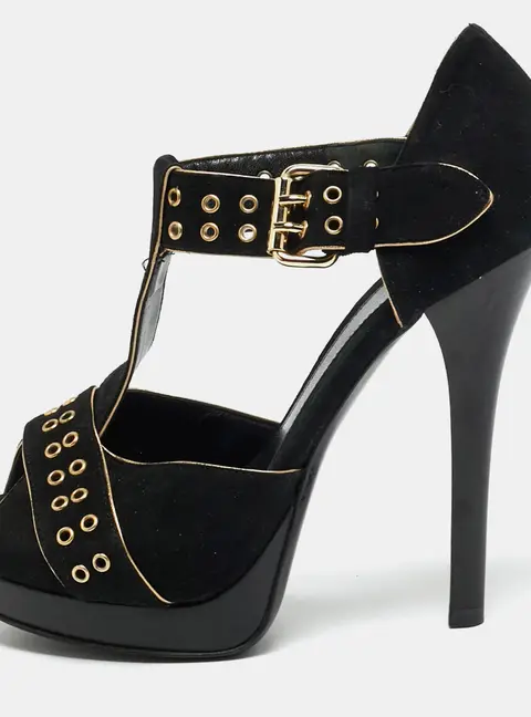 Fendi Size 37.5 Black Suede  T-Bar Ankle-Strap Platform Strap Sandals
