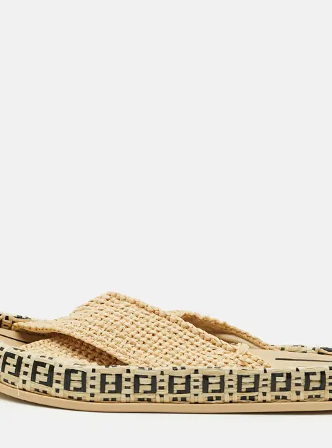 Fendi Size 39 Beige FF Raffia Reflection Crisscross Flat Flat Slide