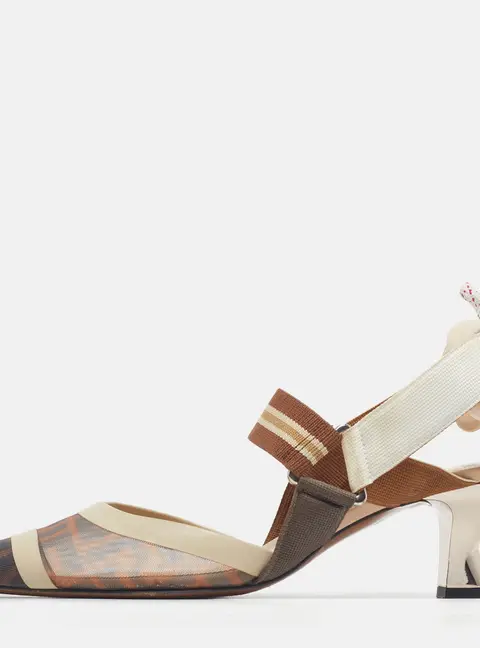 Fendi Colibri Size 39.5 Tricolor Canvas and Mesh Slingback Sandals