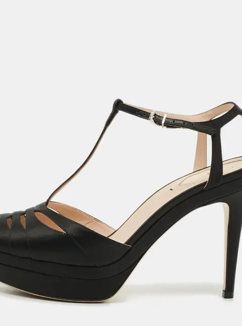 Fendi Size 39 Black Satin Strappy Peep Toe Platform T-Strap Sandals
