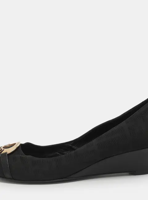 Fendi Logo Size 38 Black FF Canvas Wedge Pumps