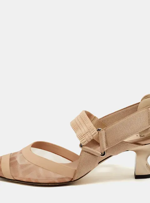 Fendi Colibri Size 37 Cream/Beige Canvas and Mesh Slingback Pumps