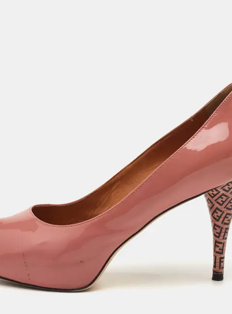 Fendi Size 38 Coral Pink Patent Leather Peep Toe Pumps