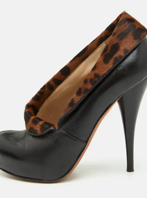 Fendi Size 37.5 Black/Brown Leopard Print Calf Hair and Leather Platform Pumps