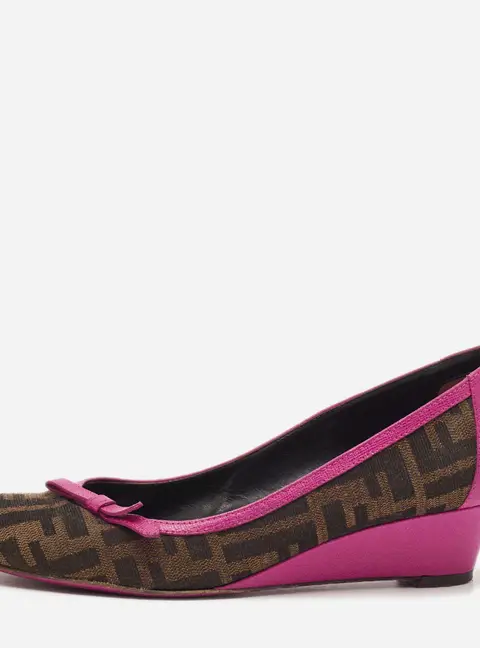 Fendi Zucca Size 38 Brown/Purple FF Monogram Canvas and Leather Wedge Pumps