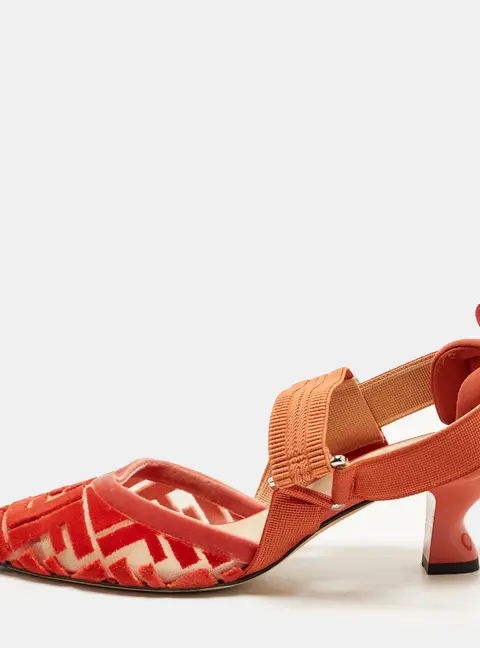Fendi Colibri Size 37 Red Velvet and Net Slingback Pumps