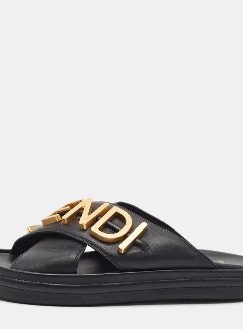 Fendi Fendigraphy Size 40 Black Leather Flat Slide